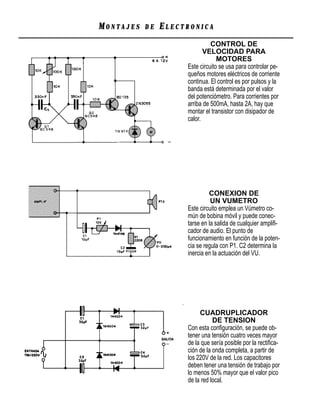 MONTAJES   DE   ELECTRONICA
                               CONTROL DE
                            VELOCIDAD PARA
                                  MOTORES
                     Este circuito se usa para controlar pe-
                     queños motores eléctricos de corriente
                     continua. El control es por pulsos y la
                     banda está determinada por el valor
                     del potenciómetro. Para corrientes por
                     arriba de 500mA, hasta 2A, hay que
                     montar el transistor con disipador de
                     calor.




                              CONEXION DE
                               UN VUMETRO
                     Este circuito emplea un Vúmetro co-
                     mún de bobina móvil y puede conec-
                     tarse en la salida de cualquier ampliﬁ-
                     cador de audio. El punto de
                     funcionamiento en función de la poten-
                     cia se regula con P1. C2 determina la
                     inercia en la actuación del VU.




                          CUADRUPLICADOR
                                DE TENSION
                     Con esta conﬁguración, se puede ob-
                     tener una tensión cuatro veces mayor
                     de la que sería posible por la rectiﬁca-
                     ción de la onda completa, a partir de
                     los 220V de la red. Los capacitores
                     deben tener una tensión de trabajo por
                     lo menos 50% mayor que el valor pico
                     de la red local.
 