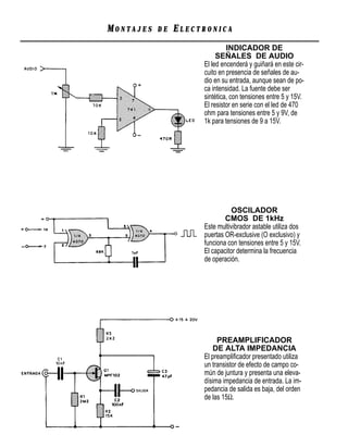 MONTAJES   DE   ELECTRONICA
                              INDICADOR DE
                          SEÑALES DE AUDIO
                     El led encenderá y guiñará en este cir-
                     cuito en presencia de señales de au-
                     dio en su entrada, aunque sean de po-
                     ca intensidad. La fuente debe ser
                     sintética, con tensiones entre 5 y 15V.
                     El resistor en serie con el led de 470
                     ohm para tensiones entre 5 y 9V, de
                     1k para tensiones de 9 a 15V.




                                OSCILADOR
                             CMOS DE 1kHz
                     Este multivibrador astable utiliza dos
                     puertas OR-exclusive (O exclusivo) y
                     funciona con tensiones entre 5 y 15V.
                     El capacitor determina la frecuencia
                     de operación.




                          PREAMPLIFICADOR
                        DE ALTA IMPEDANCIA
                     El preampliﬁcador presentado utiliza
                     un transistor de efecto de campo co-
                     mún de juntura y presenta una eleva-
                     dísima impedancia de entrada. La im-
                     pedancia de salida es baja, del orden
                     de las 15Ω.
 