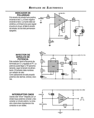 MONTAJES       DE   ELECTRONICA
         INDICADOR DE
            POLARIDAD
Si la tensión de entrada fuera positiva,
enciende el led 1 y, si fuera negativa
enciende el led 2. La fuente debe ser
simétrica y el trimpot sirve para regular
el punto en el que, al faltar la tensión
de entrada, los dos leds permanecen
apagados.




          INYECTOR DE
           SEÑALES DE
             POTENCIA
Este oscilador tiene la frecuencia de-
terminada por C1 y regulada en P1. La
potencia puede llegar a 1W aproxima-
damente, según la tensión de alimen-
tación. El transistor debe montarse
con radiador de calor.
Como aplicaciones de este proyecto
podemos citar alarmas, sirenas y boci-
nas.




    INTERRUPTOR CMOS
Usando este "driver" integrado,con un
simple toque podemos conectar y des-
conectar un circuito externo. La cone-
xión a tierra tiene importancia si los
contactos no son dobles.
 