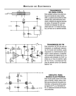 MONTAJES   DE   ELECTRONICA
                               TRANSMISOR
                             DE ONDA CORTA
                     Este oscilador produce una señal con-
                     tinua en la banda de ondas medias
                     (OM). La potencia de la señal es relati-
                     vamente alta, podrá efectuarse trans-
                     misión a distancia de algunas decenas
                     de metros. El transistor Q1 conviene
                     montarlo con disipador de calor. La
                     antena tiene de 1 a 5 metros de longi-
                     tud y se hace con un alambre estirado.




                          TRANSMISOR DE FM
                     Este transmisor de FM usa para su
                     modulación un amplificador operacio-
                     nal. En función del micrófono, puede
                     reajustarse su realimentación para
                     mayor o menor ganancia. La alimenta-
                     ción se efectúa con batería de 9V y la
                     potencia está alrededor de 5mW. La
                     antena es un trozo de alambre rígido
                     de 10 a 15 cm y LI se hace con 4 es-
                     piras de alambre común con diámetro
                     total de 1 cm.




                             CIRCUITO PARA
                        MUSICA ELECTRONICA
                     Este circuito puede usarse como base
                     para un trémolo, vibrato, sirena y tam-
                     bién para la producción de pulsos con
                     intervalos. La frecuencia de los pulsos
                     se regula con P1 y su intensidad con
                     P2. C1 determina la banda de frecuen-
                     cias producidas.
 