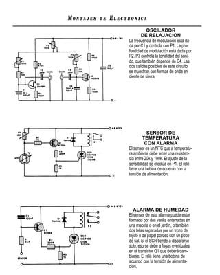 MONTAJES   DE   ELECTRONICA
                               OSCILADOR
                            DE RELAJACION
                     La frecuencia de modulación está da-
                     da por C1 y controla con P1. La pro-
                     fundidad de modulación está dada por
                     P2. P3 controla la tonalidad del soni-
                     do, que también depende de C4. Las
                     dos salidas posibles de este circuito
                     se muestran con formas de onda en
                     diente de sierra.




                                SENSOR DE
                              TEMPERATURA
                               CON ALARMA
                     El sensor es un NTC que a temperatu-
                     ra ambiente debe tener una resisten-
                     cia entre 20k y 100k. El ajuste de la
                     sensibilidad se efectúa en P1. El relé
                     tiene una bobina de acuerdo con la
                     tensión de alimentación.




                        ALARMA DE HUMEDAD
                     El sensor de esta alarma puede estar
                     formado por dos varilla enterradas en
                     una maceta o en el jardín, o también
                     dos telas separadas por un trozo de
                     tejido o de papel poroso con un poco
                     de sal. Si el SCR tiende a dispararse
                     solo, eso se debe a fugas eventuales
                     en el transistor Q1 que deberá cam-
                     biarse. El relé tiene una bobina de
                     acuerdo con la tensión de alimenta-
                     ción.
 