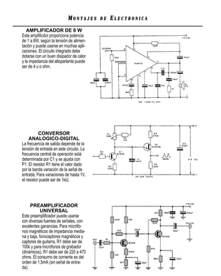 MONTAJES      DE   ELECTRONICA
   AMPLIFICADOR DE 8 W
Este ampliﬁcdor proporciona potencia
de 1 a 8W, según la tensión de alimen-
tación y puede usarse en muchas apli-
caciones. El circuito integrado debe
dotarse con un buen disipador de calor
y la impedancia del altoparlante puede
ser de 4 u o ohm.




           CONVERSOR
     ANALOGICO-DIGITAL
La frecuencia de salida depende de la
tensión de entrada en este circuito. La
frecuencia central de operación está
determinada por C1 y se ajusta con
P1. El resistor R1 tiene el valor dado
por la banda variación de la señal de
entrada. Para variaciones de hasta 1V,
el resistor puede ser de 1kΩ.




     PREAMPLIFICADOR
            UNIVERSAL
Este preampliﬁcador puede usarse
con diversas fuentes de señales, con
excelentes ganancias. Para micrófo-
nos magnéticos de impedancia media-
na y baja, fonocaptores magnéticos y
captores de guitarra, R1 debe ser de
100k y para micrófonos de grabador
(dinámicos), R1 debe ser de 220 a 470
ohms. El consumo de corriente es del
orden de 1,5mA (sin señal de entra-
da).
 