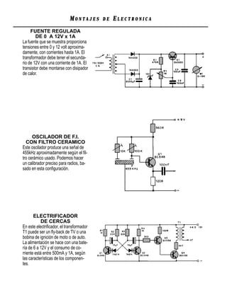 MONTAJES      DE   ELECTRONICA
     FUENTE REGULADA
        DE 0 A 12V x 1A
La fuente que se muestra proporciona
tensiones entre 0 y 12 volt aproxima-
damente, con corrientes hasta 1A. El
transformador debe tener el secunda-
rio de 12V con una corriente de 1A. El
transistor debe montarse con disipador
de calor.




      OSCILADOR DE F.I.
  CON FILTRO CERAMICO
Este oscilador produce una señal de
455kHz aproximadamente según el ﬁl-
tro cerámico usado. Podemos hacer
un calibrador preciso para radios, ba-
sado en esta conﬁguración.




       ELECTRIFICADOR
            DE CERCAS
En este electriﬁcador, el transformador
T1 puede ser un ﬂy-back de TV o una
bobina de ignición de moto o de auto.
La alimentación se hace con una bate-
ría de 6 a 12V y el consumo de co-
rriente está entre 500mA y 1A, según
las características de los componen-
tes.
 
