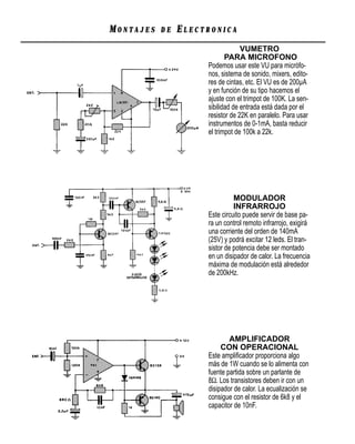 MONTAJES   DE   ELECTRONICA
                                  VUMETRO
                            PARA MICROFONO
                     Podemos usar este VU para micrófo-
                     nos, sistema de sonido, mixers, edito-
                     res de cintas, etc. El VU es de 200µA
                     y en función de su tipo hacemos el
                     ajuste con el trimpot de 100K. La sen-
                     sibilidad de entrada está dada por el
                     resistor de 22K en paralelo. Para usar
                     instrumentos de 0-1mA, basta reducir
                     el trimpot de 100k a 22k.




                               MODULADOR
                               INFRARROJO
                     Este circuito puede servir de base pa-
                     ra un control remoto infrarrojo, exigirá
                     una corriente del orden de 140mA
                     (25V) y podrá excitar 12 leds. El tran-
                     sistor de potencia debe ser montado
                     en un disipador de calor. La frecuencia
                     máxima de modulación está alrededor
                     de 200kHz.




                             AMPLIFICADOR
                          CON OPERACIONAL
                     Este ampliﬁcador proporciona algo
                     más de 1W cuando se lo alimenta con
                     fuente partida sobre un parlante de
                     8Ω. Los transistores deben ir con un
                     disipador de calor. La ecualización se
                     consigue con el resistor de 6k8 y el
                     capacitor de 10nF.
 