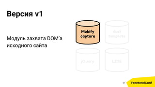 Mobify
capture
Версия v1
jQuery
dust
template
LESS
31
Модуль захвата DOM’а
исходного сайта
 