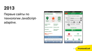 2013
Первые сайты по
технологии JavaScript-
adaptive.
8
 