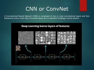CNN or ConvNet
A Convolutional Neural Network (CNN) is comprised of one or more convolutional layers and then
followed by one or more fully connected layers as in a standard multilayer neural network.
 