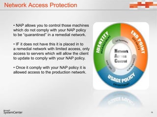 Network Access Protection
15
• NAP allows you to control those machines
which do not comply with your NAP policy
to be “quarantined” in a remedial network.
• IF it does not have this it is placed in to
a remedial network with limited access, only
access to servers which will allow the client
to update to comply with your NAP policy.
• Once it comply with your NAP policy it is
allowed access to the production network.
 