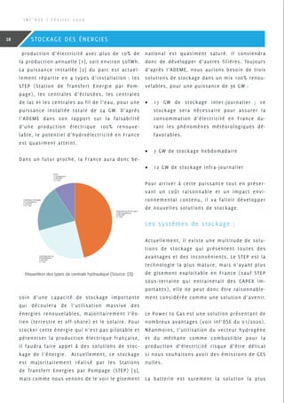 production d’électricité avec plus de 10% de
la production annuelle [1], soit environ 50TWh.
La puissance installée [2] du parc est actuel-
lement répartie en 4 types d’installation : les
STEP (Station de Transfert Energie par Pom-
page), les centrales d’éclusées, les centrales
de lac et les centrales au fil de l’eau, pour une
puissance installée totale de 24 GW. D’après
l’ADEME dans son rapport sur la faisabilité
d’une production électrique 100% renouve-
lable, le potentiel d’hydroélectricité en France
est quasiment atteint.
Dans un futur proche, la France aura donc be-
soin d’une capacité de stockage importante
qui découlera de l’utilisation massive des
énergies renouvelables, majoritairement l’éo-
lien (terrestre et off-shore) et le solaire. Pour
stocker cette énergie qui n’est pas pilotable et
pérenniser la production électrique française,
il faudra faire appel à des solutions de stoc-
kage de l’énergie. Actuellement, ce stockage
est majoritairement réalisé par les Stations
de Transfert Energies par Pompage (STEP) [3],
mais comme nous venons de le voir le gisement
national est quasiment saturé. Il conviendra
donc de développer d’autres filières. Toujours
d’après l’ADEME, nous aurions besoin de trois
solutions de stockage dans un mix 100% renou-
velables, pour une puissance de 36 GW :
•	 17 GW de stockage inter-journalier  ; ce
stockage sera nécessaire pour assurer la
consommation d’électricité en France du-
rant les phénomènes météorologiques dé-
favorables.
•	 7 GW de stockage hebdomadaire
•	 12 GW de stockage infra-journalier
Pour arriver à cette puissance tout en préser-
vant un coût raisonnable et un impact envi-
ronnemental contenu, il va falloir développer
de nouvelles solutions de stockage.
Les systèmes de stockage :
Actuellement, il existe une multitude de solu-
tions de stockage qui présentent toutes des
avantages et des inconvénients. Le STEP est la
technologie la plus mature, mais n’ayant plus
de gisement exploitable en France (sauf STEP
sous-terraine qui entrainerait des CAPEX im-
portants), elle ne peut donc être raisonnable-
ment considérée comme une solution d’avenir.
Le Power to Gas est une solution présentant de
nombreux avantages (voir inf’OSE du 01/2020).
Néanmoins, l’utilisation du vecteur hydrogène
et du méthane comme combustible pour la
production d’électricité risque d’être délicat
si nous souhaitons avoir des émissions de GES
nulles.
La batterie est surement la solution la plus
Répartition des types de centrale hydraulique (Source: [3])
I N F ’ O S E | F é v r i e r 2 0 2 0
18 STOCKAGE DES ÉNERGIES
 