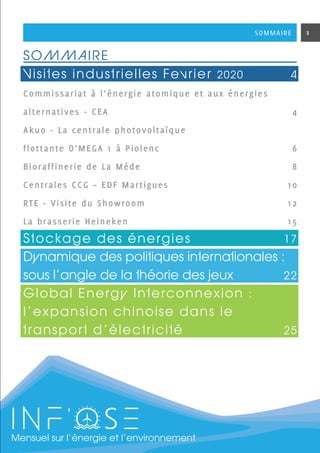 SOMMAIRE
Visites industrielles Fevrier 20204
Commissariat à l’énergie atomique et aux énergies
alternatives - CEA	 4
Akuo - La centrale photovoltaïque
flottante O’MEGA 1 à Piolenc	 6
Bioraffinerie de La Mède	 8
Centrales CCG – EDF Martigues	 10
RTE - Visite du Showroom 12
La brasserie Heineken	 15
Stockage des énergies17
Dynamique des politiques internationales :
sous l’angle de la théorie des jeux 22
Global Energy Interconnexion :
l’expansion chinoise dans le
transport d’électricité25
SMensuel sur l’énergie et l’environnement
3SOMMAIRE
 