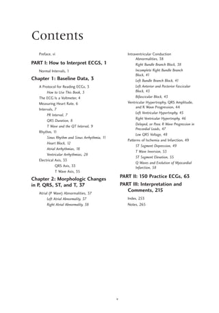 Contents
Preface, vi
PART I: How to Interpret ECGS, 1
Normal Intervals, 1
Chapter 1: Baseline Data, 3
A Protocol for Reading ECGs, 3
How to Use This Book, 3
The ECG Is a Voltmeter, 4
Measuring Heart Rate, 6
Intervals, 7
PR Interval, 7
QRS Duration, 8
T Wave and the QT Interval, 9
Rhythm, 1
1
Sinus Rhythm and Sinus Arrhythmia, 1
1
Heart Block, 1
2
Atrial Arrhythmias, 1
8
Ventricular Arrhythmias, 28
Electrical Axis, 33
QRS Axis, 33
T Wave Axis, 35
Chapter 2: Morphologic Changes
in P, QRS, ST, and T, 37
Atrial (P Wave) Abnormalities, 37
Left Atrial Abnormality, 37
Right Atrial Abnormality, 38

Intraventricular Conduction
Abnormalities, 38
Right Bundle Branch Block, 38
Incomplete Right Bundle Branch
Block, 41
Left Bundle Branch Block, 41
Left Anterior and Posterior Fascicular
Block, 43
Bifascicular Block, 43
Ventricular Hypertrophy, QRS Amplitude,
and R Wave Progression, 44
Left Ventricular Hypertrophy, 45
Right Ventricular Hypertrophy, 46
Delayed, or Poor, R Wave Progression in
Precordial Leads, 47
Low QRS Voltage, 48
Patterns of Ischemia and Infarction, 49
ST Segment Depression, 49
T Wave Inversion, 53
ST Segment Elevation, 55
Q Waves and Evolution of Myocardial
Infarction, 58
PART II: 150 Practice ECGs, 63
PART III: Interpretation and
Comments, 215
Index, 253
Notes, 265
 