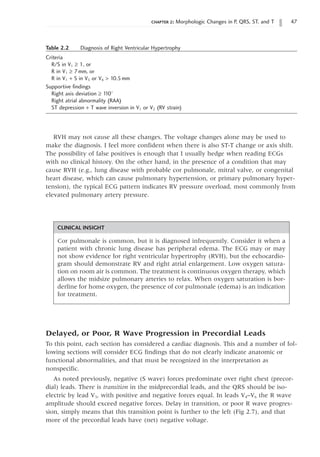 chapter 2: Morphologic Changes in P, QRS, ST, and T 47
Table 2.2   Diagnosis of Right Ventricular Hypertrophy
Criteria
R/S in V1 ≥ 1, or
R in V1 ≥ 7mm, or
R in V1 + S in V5 or V6  10.5mm
Supportive findings
Right axis deviation ≥ 1
10°
Right atrial abnormality (RAA)
ST depression + T wave inversion in V1 or V2 (RV strain)
CLINICAL INSIGHT
Cor pulmonale is common, but it is diagnosed infrequently. Consider it when a
patient with chronic lung disease has peripheral edema. The ECG may or may
not show evidence for right ventricular hypertrophy (RVH), but the echocardio-
gram should demonstrate RV and right atrial enlargement. Low oxygen satura-
tion on room air is common. The treatment is continuous oxygen therapy, which
allows the midsize pulmonary arteries to relax. When oxygen saturation is bor-
derline for home oxygen, the presence of cor pulmonale (edema) is an indication
for treatment.
RVH may not cause all these changes. The voltage changes alone may be used to
make the diagnosis. I feel more confident when there is also ST-T change or axis shift.
The possibility of false positives is enough that I usually hedge when reading ECGs
with no clinical history. On the other hand, in the presence of a condition that may
cause RVH (e.g., lung disease with probable cor pulmonale, mitral valve, or congenital
heart disease, which can cause pulmonary hypertension, or primary pulmonary hyper-
tension), the typical ECG pattern indicates RV pressure overload, most commonly from
elevated pulmonary artery pressure.
Delayed, or Poor, R Wave Progression in Precordial Leads
To this point, each section has considered a cardiac diagnosis. This and a number of fol-
lowing sections will consider ECG findings that do not clearly indicate anatomic or
functional abnormalities, and that must be recognized in the interpretation as
nonspecific.
As noted previously, negative (S wave) forces predominate over right chest (precor-
dial) leads. There is transition in the midprecordial leads, and the QRS should be iso-
electric by lead V3, with positive and negative forces equal. In leads V4–V6 the R wave
amplitude should exceed negative forces. Delay in transition, or poor R wave progres-
sion, simply means that this transition point is further to the left (Fig 2.7), and that
more of the precordial leads have (net) negative voltage.
 