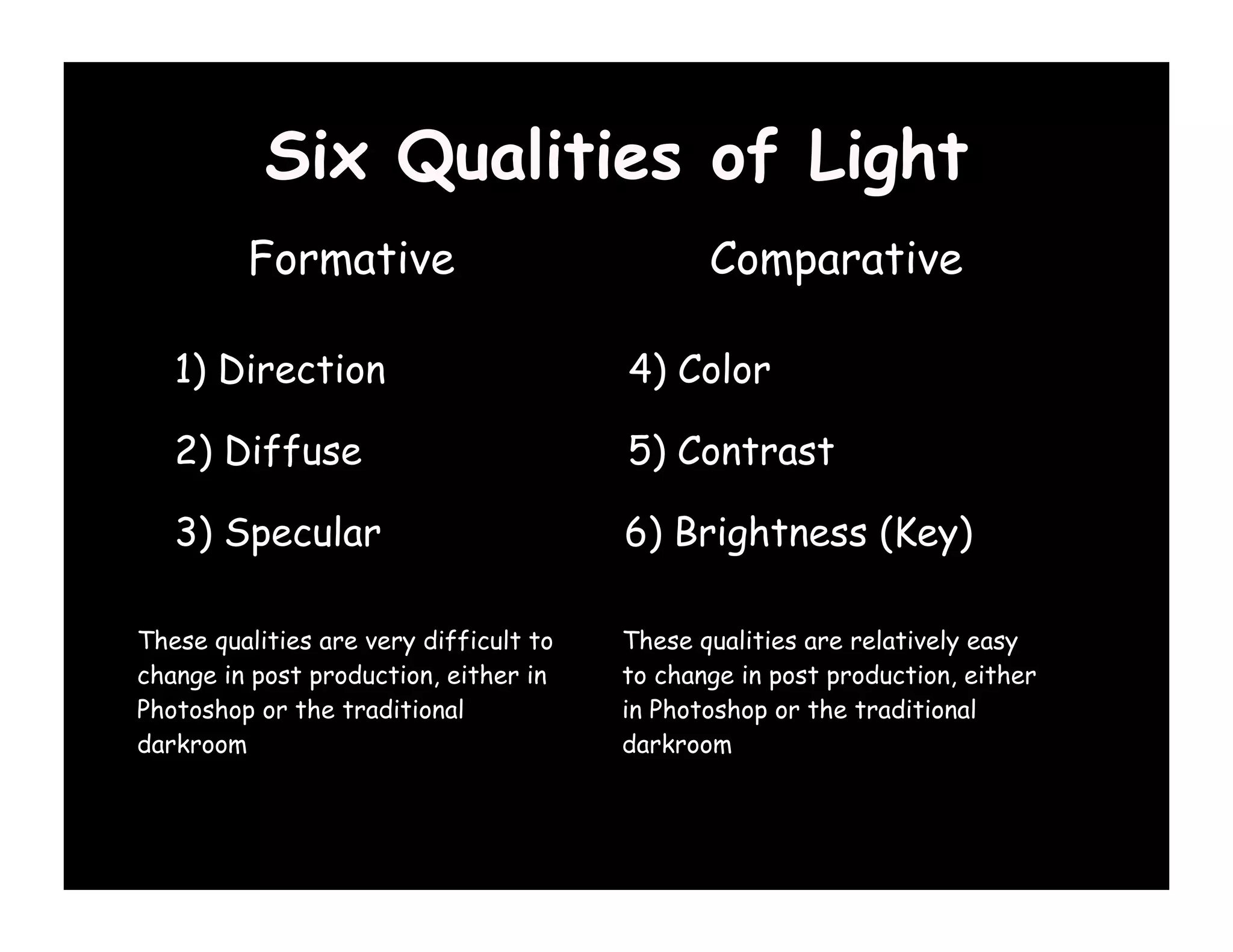 Six Qualities of Light
         Formative                             Comparative

   1) Direction                         4) Color

   2) Diffuse                           5) Contrast

   3) Specular                          6) Brightness (Key)

These qualities are very difficult to   These qualities are relatively easy
change in post production, either in    to change in post production, either
Photoshop or the traditional            in Photoshop or the traditional
darkroom                                darkroom
 