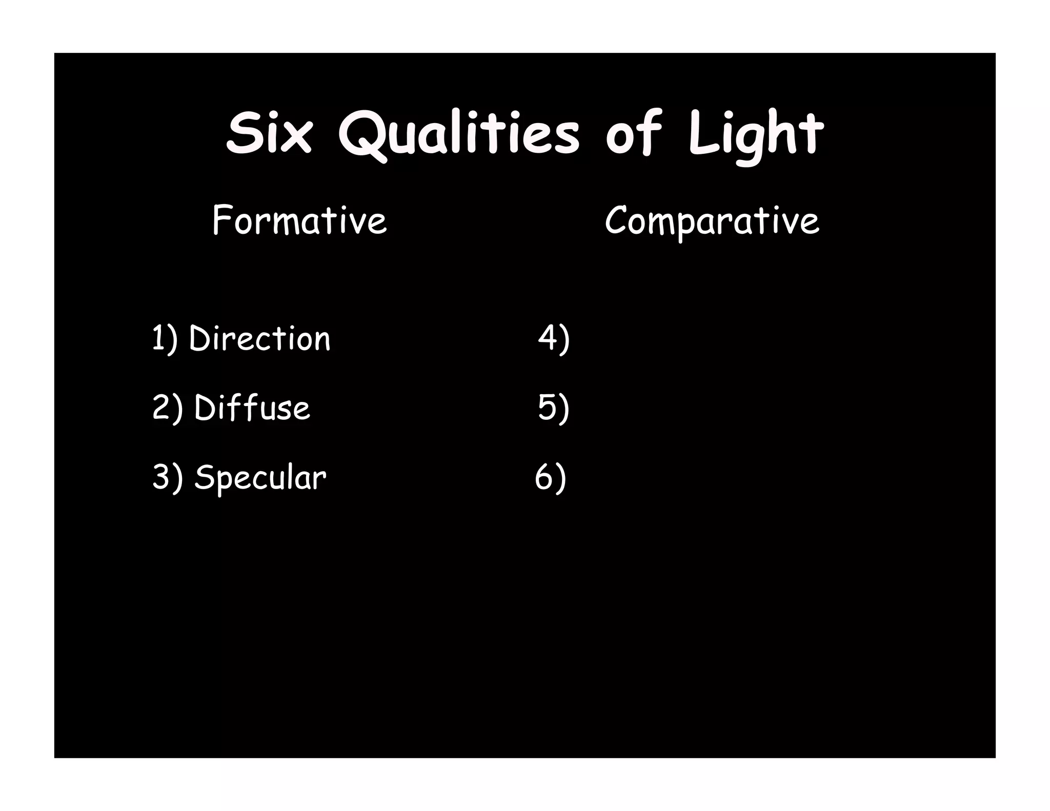 Six Qualities of Light
    Formative       Comparative


1) Direction    4) Color

2) Diffuse      5) Contrast

3) Specular     6) Brightness (Key)
 