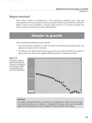 150 scripts Livre Page 225 Lundi, 20. ao t 2007 7:29 07

Déplacement de personnages ou d’objets
Chapitre 11

Bogue éventuel
Nous l’avons évoqué en introduction, si vous exécutez la méthode yoyo() alors que
l’interpolation n’est pas terminée, les deux paramètres déclarés pour déﬁnir les valeurs de
départ et de ﬁn sont recalculées, et faussent dans certains cas le besoin de garder des
valeurs initiales constantes entre deux interpolations.

•

Simuler la gravité
Cette animation présente deux particularités :
• Vous allez pouvoir visualiser un type de rebond en fonction de paramètres que vous
réglerez au moyen de trois variateurs.
• Par ailleurs, vous allez découvrir que nous partons du même symbole qui contient le
même code pour obtenir des réglages différents propres à chaque occurrence.
Figure 11-9
L’utilisateur change la
position des variateurs
situés sur le côté gauche
de l’interface, les billes
ne rebondissent plus
alors de la même façon.

Remarque
Le variateur de l’élasticité afﬁche un chiffre qui va à l’opposé de son effet. Il nous aurait fallu
une simple soustraction pour inverser le changement de valeur, mais nous avons préféré
garder la même progression lorsque l’utilisateur fait varier la position des curseurs.

225

 