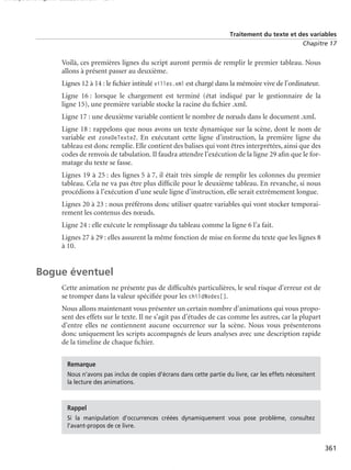 150 scripts Livre Page 361 Lundi, 20. ao t 2007 7:29 07

Traitement du texte et des variables
Chapitre 17

Voilà, ces premières lignes du script auront permis de remplir le premier tableau. Nous
allons à présent passer au deuxième.
Lignes 12 à 14 : le ﬁchier intitulé villes.xml est chargé dans la mémoire vive de l’ordinateur.
Ligne 16 : lorsque le chargement est terminé (état indiqué par le gestionnaire de la
ligne 15), une première variable stocke la racine du ﬁchier .xml.
Ligne 17 : une deuxième variable contient le nombre de nœuds dans le document .xml.
Ligne 18 : rappelons que nous avons un texte dynamique sur la scène, dont le nom de
variable est zoneDeTexte2. En exécutant cette ligne d’instruction, la première ligne du
tableau est donc remplie. Elle contient des balises qui vont êtres interprétées, ainsi que des
codes de renvois de tabulation. Il faudra attendre l’exécution de la ligne 29 aﬁn que le formatage du texte se fasse.
Lignes 19 à 25 : des lignes 5 à 7, il était très simple de remplir les colonnes du premier
tableau. Cela ne va pas être plus difﬁcile pour le deuxième tableau. En revanche, si nous
procédions à l’exécution d’une seule ligne d’instruction, elle serait extrêmement longue.
Lignes 20 à 23 : nous préférons donc utiliser quatre variables qui vont stocker temporairement les contenus des nœuds.
Ligne 24 : elle exécute le remplissage du tableau comme la ligne 6 l’a fait.
Lignes 27 à 29 : elles assurent la même fonction de mise en forme du texte que les lignes 8
à 10.

Bogue éventuel
Cette animation ne présente pas de difﬁcultés particulières, le seul risque d’erreur est de
se tromper dans la valeur spéciﬁée pour les childNodes[].
Nous allons maintenant vous présenter un certain nombre d’animations qui vous proposent des effets sur le texte. Il ne s’agit pas d’études de cas comme les autres, car la plupart
d’entre elles ne contiennent aucune occurrence sur la scène. Nous vous présenterons
donc uniquement les scripts accompagnés de leurs analyses avec une description rapide
de la timeline de chaque ﬁchier.
Remarque
Nous n’avons pas inclus de copies d’écrans dans cette partie du livre, car les effets nécessitent
la lecture des animations.

Rappel
Si la manipulation d’occurrences créées dynamiquement vous pose problème, consultez
l’avant-propos de ce livre.

361

 
