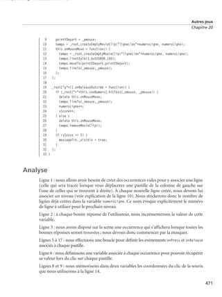150 scripts Livre Page 471 Lundi, 20. ao t 2007 7:29 07

Autres jeux
Chapitre 20

9
pointYDepart = _ymouse;
10
tempo = _root.createEmptyMovieClip("ligneLien"+numeroLigne, numeroLigne);
11
this.onMouseMove = function() {
12
tempo = _root.createEmptyMovieClip("ligneLien"+numeroLigne, numeroLigne);
13
tempo.lineStyle(3,0x5E685B,100);
14
tempo.moveTo(pointXDepart,pointYDepart);
15
tempo.lineTo(_xmouse,_ymouse);
16
};
17 };
18
19 _root["p"+i].onReleaseOutside = function() {
20
if (_root["r"+this.sonNumero].hitTest(_xmouse, _ymouse)) {
21
delete this.onMouseMove;
22
tempo.lineTo(_xmouse,_ymouse);
23
numeroLigne++;
24
vScore++;
25
} else {
26
delete this.onMouseMove;
27
tempo.removeMovieClip();
28
}
29
if (vScore == 5) {
30
messageFin._visible = true;
31
}
32 };
33 }

Analyse
Ligne 1 : nous allons avoir besoin de créer des occurrences vides pour y associer une ligne
(celle qui sera tracée lorsque vous déplacerez une pastille de la colonne de gauche sur
l’une de celles qui se trouvent à droite). À chaque nouvelle ligne créée, nous devons lui
associer un niveau (voir explication de la ligne 10). Nous stockerons donc le nombre de
lignes déjà créées dans la variable numeroLigne. Ce nom évoque explicitement le numéro
de ligne à utiliser pour le prochain niveau.
Ligne 2 : à chaque bonne réponse de l’utilisateur, nous incrémenterons la valeur de cette
variable.
Ligne 3 : nous avons disposé sur la scène une occurrence qui s’afﬁchera lorsque toutes les
bonnes réponses seront trouvées ; nous devons donc commencer par la masquer.
Lignes 5 à 17 : nous effectuons une boucle pour déﬁnir les événements onPress et onRelease
associés à chaque pastille.
Ligne 6 : nous déﬁnissons une variable associée à chaque occurrence pour pouvoir récupérer
sa valeur lors du clic sur chaque pastille.
Lignes 8 et 9 : nous mémorisons dans deux variables les coordonnées du clic de la souris
que nous utiliserons à la ligne 14.
471

 