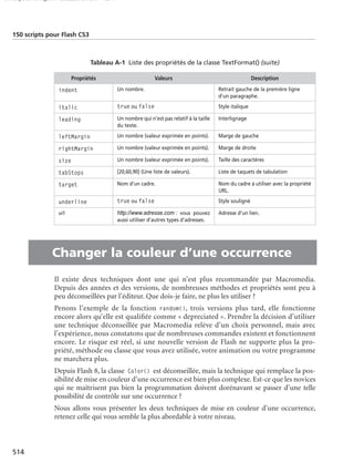 150 scripts Livre Page 514 Lundi, 20. ao t 2007 7:29 07

150 scripts pour Flash CS3

Tableau A-1 Liste des propriétés de la classe TextFormat() (suite)
Propriétés

Valeurs

Description

indent

Retrait gauche de la première ligne
d’un paragraphe.

italic

true ou false

Style italique

leading

Un nombre qui n’est pas relatif à la taille
du texte.

Interlignage

leftMargin

Un nombre (valeur exprimée en points).

Marge de gauche

rightMargin

Un nombre (valeur exprimée en points).

Marge de droite

size

Un nombre (valeur exprimée en points).

Taille des caractères

tabStops

[20,60,90] (Une liste de valeurs).

Liste de taquets de tabulation

target

Nom d’un cadre.

Nom du cadre à utiliser avec la propriété
URL.

underline

true ou false

Style souligné

url

•

Un nombre.

http://www.adresse.com : vous pouvez
aussi utiliser d’autres types d’adresses.

Adresse d’un lien.

Changer la couleur d’une occurrence
Il existe deux techniques dont une qui n’est plus recommandée par Macromedia.
Depuis des années et des versions, de nombreuses méthodes et propriétés sont peu à
peu déconseillées par l’éditeur. Que dois-je faire, ne plus les utiliser ?
Penons l’exemple de la fonction random(), trois versions plus tard, elle fonctionne
encore alors qu’elle est qualiﬁée comme « depreciated ». Prendre la décision d’utiliser
une technique déconseillée par Macromedia relève d’un choix personnel, mais avec
l’expérience, nous constatons que de nombreuses commandes existent et fonctionnent
encore. Le risque est réel, si une nouvelle version de Flash ne supporte plus la propriété, méthode ou classe que vous avez utilisée, votre animation ou votre programme
ne marchera plus.
Depuis Flash 8, la classe Color() est déconseillée, mais la technique qui remplace la possibilité de mise en couleur d’une occurrence est bien plus complexe. Est-ce que les novices
qui ne maîtrisent pas bien la programmation doivent dorénavant se passer d’une telle
possibilité de contrôle sur une occurrence ?
Nous allons vous présenter les deux techniques de mise en couleur d’une occurrence,
retenez celle qui vous semble la plus abordable à votre niveau.

514

 