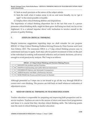 CRITICAL THINKING SKILLS IN TEACHER EDUCATION: NEED AND STRATEGIES | PDF
