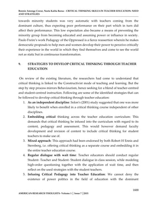 CRITICAL THINKING SKILLS IN TEACHER EDUCATION: NEED AND STRATEGIES | PDF