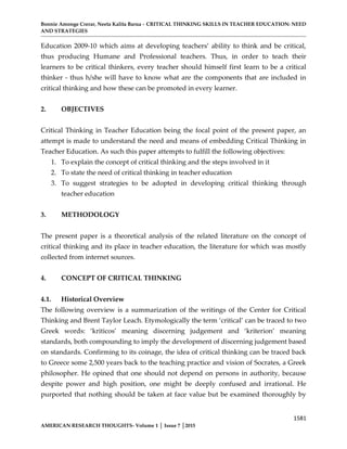 CRITICAL THINKING SKILLS IN TEACHER EDUCATION: NEED AND STRATEGIES | PDF