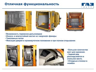 Отличная функциональность
• Лючок под пассажирским сиденьем в
модификации фургон позволяет
перевозить грузы длинной до 5 м.
• Обивки боковин из ДВП с декоративным
покрытием защищают поверхность
кузова от истирания и повреждений.
• Возможность перевозки дальномеров
• Износо- и влагостойкий настил из «морской» фанеры
• Такелажные петли
• Фиксация дверей в промежуточном положении и при полном открывании
• Большое количество
мест для хранения.
• Задний ряд
раскладывается в
спальное место.
• Откидные столики в
«комби»
 