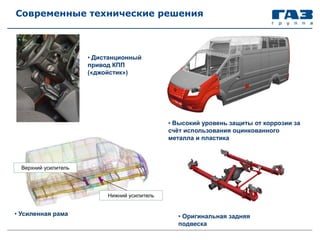 • Высокий уровень защиты от коррозии за
счёт использования оцинкованного
металла и пластика
Современные технические решения
• Усиленная рама • Оригинальная задняя
подвеска
Верхний усилитель
Нижний усилитель
• Дистанционный
привод КПП
(«джойстик»)
 
