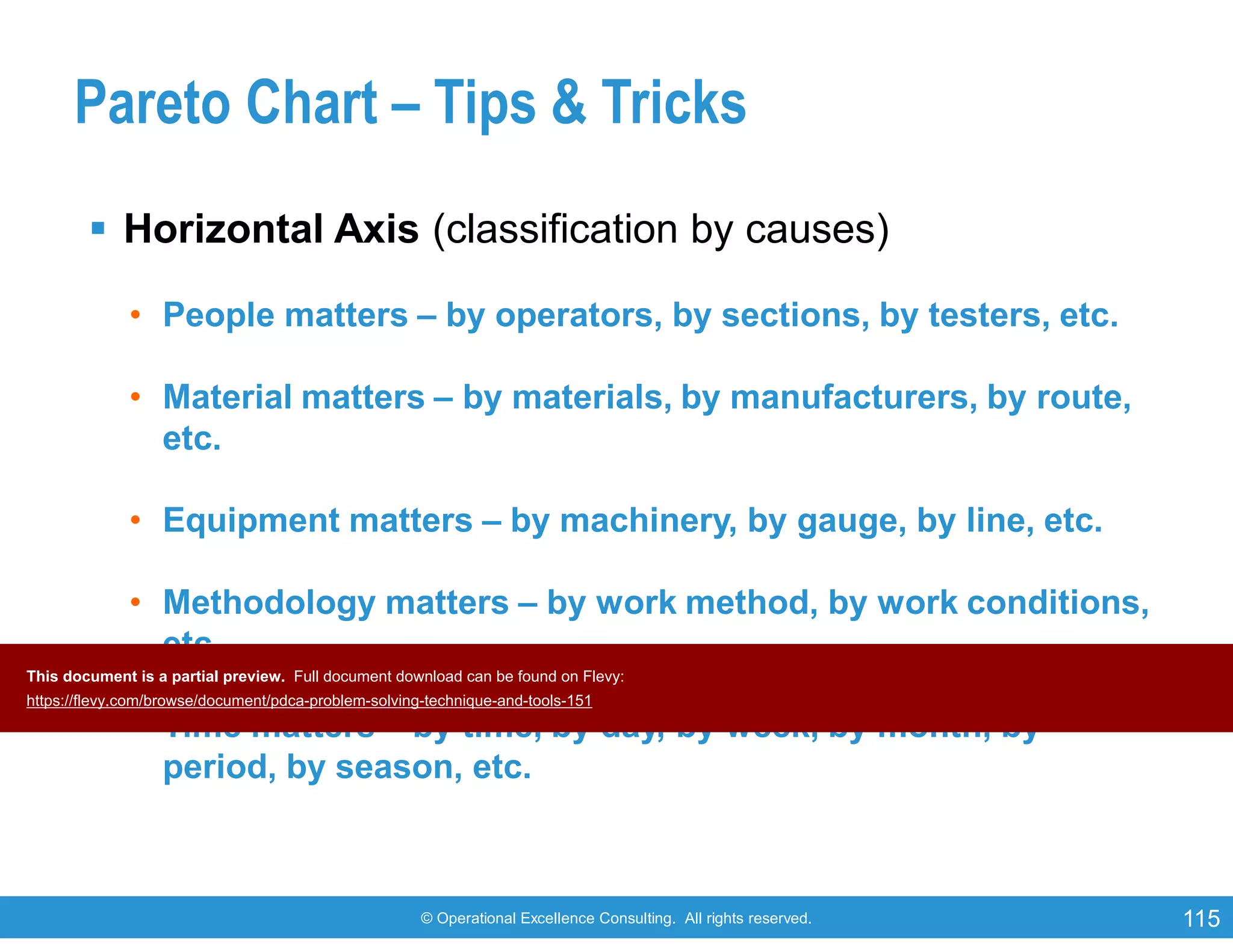 © Operational Excellence Consulting. All rights reserved. 115
Pareto Chart – Tips & Tricks
 Horizontal Axis (classification by causes)
• People matters – by operators, by sections, by testers, etc.
• Material matters – by materials, by manufacturers, by route,
etc.
• Equipment matters – by machinery, by gauge, by line, etc.
• Methodology matters – by work method, by work conditions,
etc.
• Time matters – by time, by day, by week, by month, by
period, by season, etc.
This document is a partial preview. Full document download can be found on Flevy:
https://flevy.com/browse/document/pdca-problem-solving-technique-and-tools-151
 