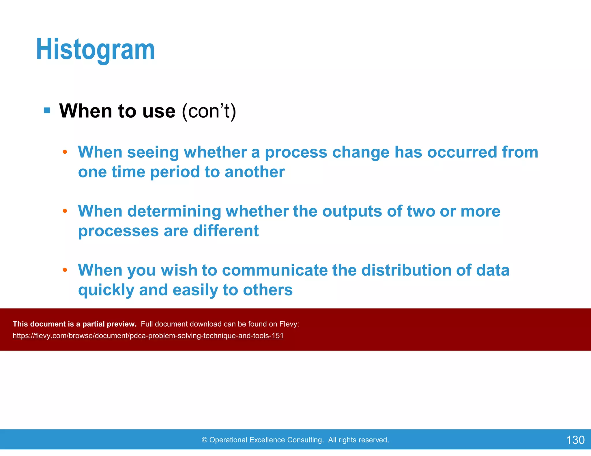 © Operational Excellence Consulting. All rights reserved. 130
Histogram
 When to use (con’t)
• When seeing whether a process change has occurred from
one time period to another
• When determining whether the outputs of two or more
processes are different
• When you wish to communicate the distribution of data
quickly and easily to others
This document is a partial preview. Full document download can be found on Flevy:
https://flevy.com/browse/document/pdca-problem-solving-technique-and-tools-151
 