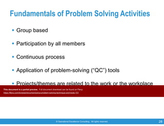 © Operational Excellence Consulting. All rights reserved. 28
Fundamentals of Problem Solving Activities
 Group based
 Participation by all members
 Continuous process
 Application of problem-solving (“QC”) tools
 Projects/themes are related to the work or the workplace
This document is a partial preview. Full document download can be found on Flevy:
https://flevy.com/browse/document/pdca-problem-solving-technique-and-tools-151
 