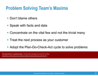 © Operational Excellence Consulting. All rights reserved. 31
Problem Solving Team’s Maxims
 Don’t blame others
 Speak with facts and data
 Concentrate on the vital few and not the trivial many
 Treat the next process as your customer
 Adopt the Plan-Do-Check-Act cycle to solve problems
This document is a partial preview. Full document download can be found on Flevy:
https://flevy.com/browse/document/pdca-problem-solving-technique-and-tools-151
 