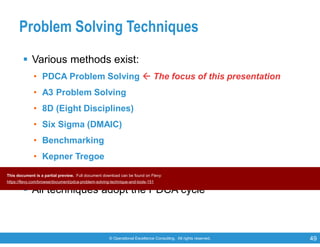 © Operational Excellence Consulting. All rights reserved. 49
Problem Solving Techniques
 Various methods exist:
• PDCA Problem Solving  The focus of this presentation
• A3 Problem Solving
• 8D (Eight Disciplines)
• Six Sigma (DMAIC)
• Benchmarking
• Kepner Tregoe
 All techniques adopt the PDCA cycle
This document is a partial preview. Full document download can be found on Flevy:
https://flevy.com/browse/document/pdca-problem-solving-technique-and-tools-151
 