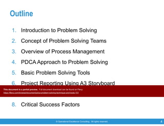© Operational Excellence Consulting. All rights reserved. 4
Outline
1. Introduction to Problem Solving
2. Concept of Problem Solving Teams
3. Overview of Process Management
4. PDCA Approach to Problem Solving
5. Basic Problem Solving Tools
6. Project Reporting Using A3 Storyboard
7. 10 Common Mistakes
8. Critical Success Factors
This document is a partial preview. Full document download can be found on Flevy:
https://flevy.com/browse/document/pdca-problem-solving-technique-and-tools-151
 