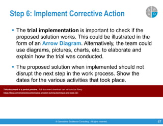 © Operational Excellence Consulting. All rights reserved. 67
Step 6: Implement Corrective Action
 The trial implementation is important to check if the
proposed solution works. This could be illustrated in the
form of an Arrow Diagram. Alternatively, the team could
use diagrams, pictures, charts, etc. to elaborate and
explain how the trial was conducted.
 The proposed solution when implemented should not
disrupt the next step in the work process. Show the
dates for the various activities that took place.
PP
DDCC
AA
This document is a partial preview. Full document download can be found on Flevy:
https://flevy.com/browse/document/pdca-problem-solving-technique-and-tools-151
 