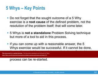 © Operational Excellence Consulting. All rights reserved. 157
5 Whys – Key Points
 Do not forget that the sought outcome of a 5 Why
exercise is a root cause of the defined problem, not the
resolution of the problem itself; that will come later.
 5 Whys is not a standalone Problem Solving technique
but more of a tool to aid in this process.
 If you can come up with a reasonable answer, the 5
Whys exercise would be successful. If it cannot be done,
then quite probably more data needs to be collected to
get a better grasp of the problem and then the 5 Why
process can be re-started.
This document is a partial preview. Full document download can be found on Flevy:
https://flevy.com/browse/document/pdca-problem-solving-technique-and-tools-151
 