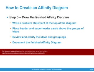 © Operational Excellence Consulting. All rights reserved. 166
How to Create an Affinity Diagram
 Step 5 – Draw the finished Affinity Diagram
• Write a problem statement at the top of the diagram
• Place header and superheader cards above the groups of
ideas
• Review and clarify the ideas and groupings
• Document the finished Affinity Diagram
This document is a partial preview. Full document download can be found on Flevy:
https://flevy.com/browse/document/pdca-problem-solving-technique-and-tools-151
 