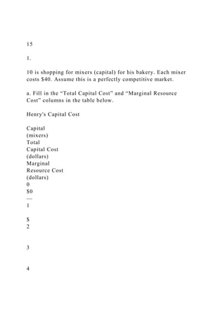 15
1.
10 is shopping for mixers (capital) for his bakery. Each mixer
costs $40. Assume this is a perfectly competitive market.
a. Fill in the “Total Capital Cost” and “Marginal Resource
Cost” columns in the table below.
Henry's Capital Cost
Capital
(mixers)
Total
Capital Cost
(dollars)
Marginal
Resource Cost
(dollars)
0
$0
—
1
$
2
3
4
 