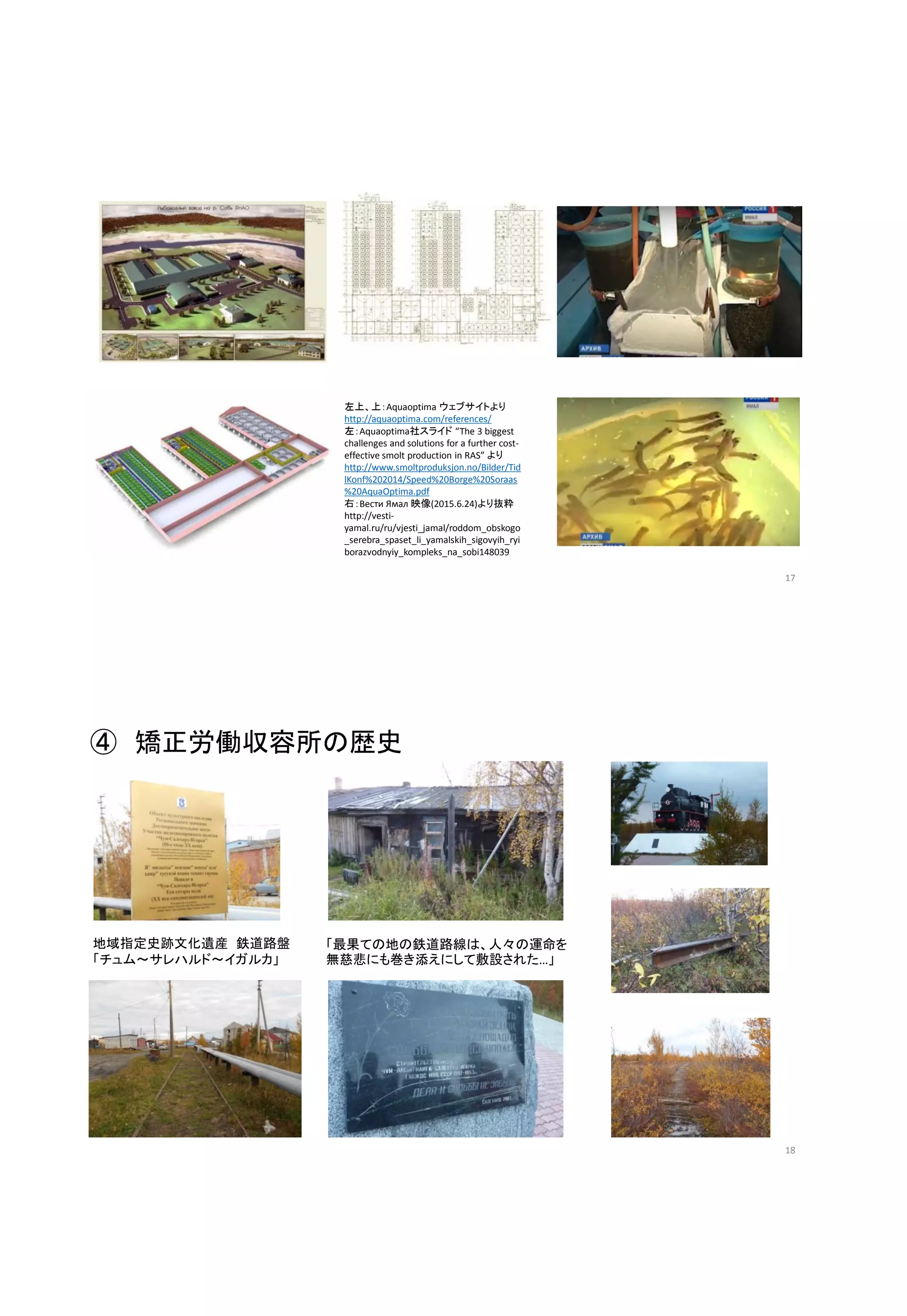 左上、上：Aquaoptima ウェブサイトより
http://aquaoptima.com/references/
左：Aquaoptima社スライド “The 3 biggest
challenges and solutions for a further cost-
effective smolt production in RAS” より
http://www.smoltproduksjon.no/Bilder/Tid
lKonf%202014/Speed%20Borge%20Soraas
%20AquaOptima.pdf
右：Вести Ямал 映像(2015.6.24)より抜粋
http://vesti-
yamal.ru/ru/vjesti_jamal/roddom_obskogo
_serebra_spaset_li_yamalskih_sigovyih_ryi
borazvodnyiy_kompleks_na_sobi148039
17
地域指定史跡文化遺産 鉄道路盤
「チュム～サレハルド～イガルカ」
「最果ての地の鉄道路線は、人々の運命を
無慈悲にも巻き添えにして敷設された…」
④ 矯正労働収容所の歴史
18
 
