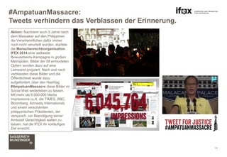 #AmpatuanMassacre:
Tweets verhindern das Verblassen der Erinnerung.
Aktion: Nachdem auch 5 Jahre nach
dem Massaker auf den Philippinen
die Verantwortlichen dafür immer
noch nicht verurteilt wurden, startete
die Menschenrechtsorganisation
IFEX 2014 eine weltweite
Bewusstseins-Kampagne in großen
Metropolen. Bilder der 58 ermordeten
Opfern wurden dazu auf eine
Leinwand projiziert. Nach und nach
verblassten diese Bilder und die
Öffentlichkeit wurde dazu
aufgefordert, über den Hashtag
#AmpatuanMassacre diese Bilder im
Social Web weiterleben zu lassen.
Mit mehr als 6.000.000 Media
Impressions (u.A. die TIMES, BBC,
Bloomberg, Amnesty International)
und einem verschämten
philippinischen Präsidenten, der
versprach, vor Beendigung seiner
Amtszeit Gerechtigkeit walten zu
lassen, hat die IFEX ihr vorläufiges
Ziel erreicht.
11
 