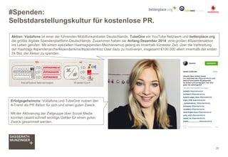 #Spenden:
Selbstdarstellungskultur für kostenlose PR.
20
Aktion: Vodafone ist einer der führenden Mobilfunkanbieter Deutschlands, TubeOne ein YouTube Netzwerk und betterplace.org
die größte digitale Spendenplattform Deutschlands. Zusammen haben sie Anfang Dezember 2014 eine großen #Spendenaktion
ins Leben gerufen: Mit einem speziellen Hashtagspenden-Mechanismus gelang es innerhalb kürzester Zeit, über die Verbreitung
der Hashtags #spendenarche/#spendenkms/#spendenkisz User dazu zu motivieren, insgesamt €100.000 allein innerhalb der ersten
24 Std. der Aktion zu spenden.
Erfolgsgeheimnis: Vodafone und TubeOne nutzen den
#-Trend als PR Aktion für sich und einen guten Zweck.
Mit der Aktivierung der Zielgruppe über Social Media
konnten rasant schnell wichtige Gelder für einen guten
Zweck gesammelt werden.
 