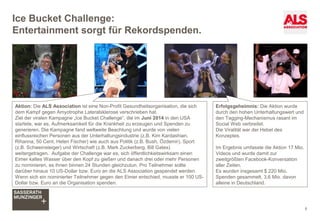 Ice Bucket Challenge:
Entertainment sorgt für Rekordspenden.
6
Aktion: Die ALS Association ist eine Non-Profit Gesundheitsorganisation, die sich
dem Kampf gegen Amyotrophe Lateralsklerose verschrieben hat.
Ziel der viralen Kampagne „Ice Bucket Challenge“, die im Juni 2014 in den USA
startete, war es, Aufmerksamkeit für die Krankheit zu erzeugen und Spenden zu
generieren. Die Kampagne fand weltweite Beachtung und wurde von vielen
einflussreichen Personen aus der Unterhaltungsindustrie (z.B. Kim Kardashian,
Rihanna, 50 Cent, Helen Fischer) wie auch aus Politik (z.B. Bush, Özdemir), Sport
(z.B. Schweinsteiger) und Wirtschaft (z.B. Mark Zuckerberg, Bill Gates)
weitergetragen. Aufgabe der Challenge war es, sich öffentlichkeitswirksam einen
Eimer kaltes Wasser über den Kopf zu gießen und danach drei oder mehr Personen
zu nominieren, es ihnen binnen 24 Stunden gleichzutun. Pro Teilnehmer sollte
darüber hinaus 10 US-Dollar bzw. Euro an die ALS Association gespendet werden.
Wenn sich ein nominierter Teilnehmer gegen den Eimer entschied, musste er 100 US-
Dollar bzw. Euro an die Organisation spenden.
Erfolgsgeheimnis: Die Aktion wurde
durch den hohen Unterhaltungswert und
den Tagging-Mechanismus rasant im
Social Web verbreitet.
Die Viralität war der Hebel des
Konzeptes.
Im Ergebnis umfasste die Aktion 17 Mio.
Videos und wurde damit zur
zweitgrößten Facebook-Konversation
aller Zeiten.
Es wurden insgesamt $ 220 Mio.
Spenden gesammelt, 3,6 Mio. davon
alleine in Deutschland.
 