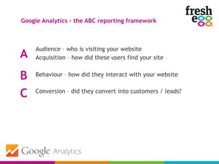 Audience – who is visiting your website
Acquisition – how did these users find your site
Behaviour – how did they interact with your website
Conversion – did they convert into customers / leads?
Google Analytics – the ABC reporting framework
A
B
C
 