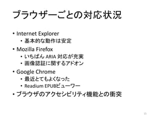 ֥饦`ȤΌ״r
? Internet Explorer
? Ĥʄϰ
? Mozilla Firefox
? Ф ARIA ꤬g
? J^v륢ɥ
? Google Chrome
? ȤƤ褯ʤä
? Readium EPUBӥ``
? ֥饦ΥӥƥCܤȤnͻ
15
 