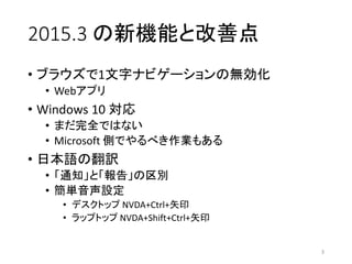 2015.3 CܤȸƵ
? ֥饦1֥ʥӥ`Οo
? Webץ
? Windows 10 
? ޤȫǤϤʤ
? Microsoft ȤǤ٤I⤢
? ձZηU
? ֪ͨȡ桹e
? gO
? ǥȥå NVDA+Ctrl+ʸӡ
? åץȥå NVDA+Shift+Ctrl+ʸӡ
3
 