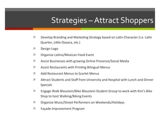Strategies	
  –	
  Attract	
  Shoppers	
  
!  Develop	
  Branding	
  and	
  MarkeNng	
  Strategy	
  based	
  on	
  LaNn	
 ...