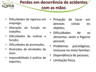 www.
                   Perdas em decorrência de acidentes
          com.br             com as mãos

       • Dificuldades de ingresso em    • Privação de tocar em
         emprego;                         pessoas       coisas     ou
       • Alteração da função no           objetos;
         trabalho;                      • Dificuldades      de     se
       • Dificuldades de realizar a       alimentar, vestir e higiene
         função;                          pessoal;
       • Dificuldades de promoções.     • Problemas psicológicos,
       • Restrições de atividades de      inclusive no meio familiar;
         lazer;
                                        • Dependência de pessoas;
       • Impossibilitado à prática de
         esportes;                      • Limitação física.
 