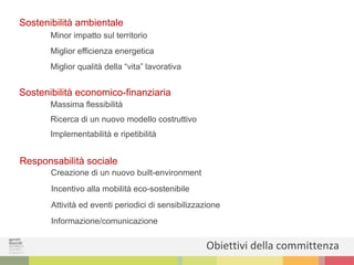 Sostenibilità economico-finanziaria
Massima flessibilità
Ricerca di un nuovo modello costruttivo
Implementabilità e ripetibilità
Sostenibilità ambientale
Minor impatto sul territorio
Miglior efficienza energetica
Miglior qualità della “vita” lavorativa
Obiettivi della committenza
Responsabilità sociale
Creazione di un nuovo built-environment
Incentivo alla mobilità eco-sostenibile
Attività ed eventi periodici di sensibilizzazione
Informazione/comunicazione
 