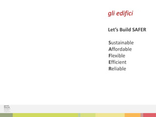 Let’s Build SAFER
Sustainable
Affordable
Flexible
Efficient
Reliable
gli edifici
 