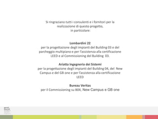 Si ringraziano tutti i consulenti e i fornitori per la
realizzazione di questo progetto,
in particolare:
Lombardini 22
per la progettazione degli impianti del Building 03 e del
parcheggio multipiano e per l’assistenza alla certificazione
LEED e al Commissioning del Building 03.
Ariatta Ingegneria dei Sistemi
per la progettazione degli impianti del Building 04, del New
Campus e del GB one e per l’assistenza alla certificazione
LEED
Bureau Veritas
per il Commissioning su B04, New Campus e GB one
 