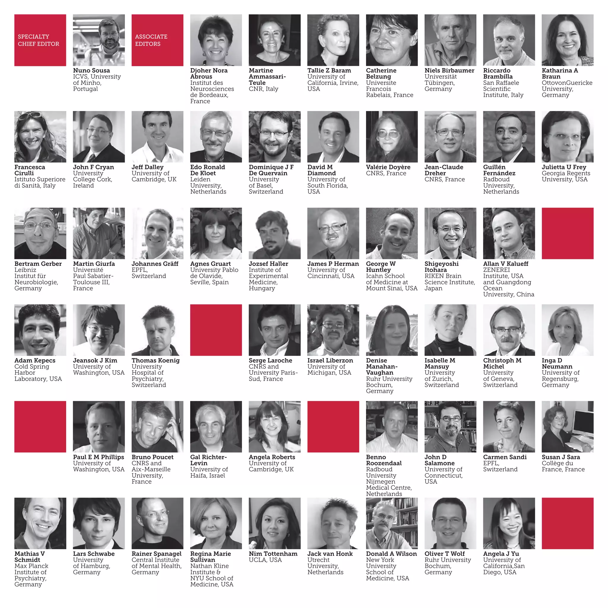 SPECIALTY
CHIEF EDITOR
Nuno Sousa
ICVS, University
of Minho,
Portugal
ASSOCIATE
EDITORS
Djoher Nora
Abrous
Institut des
Neurosciences
de Bordeaux,
France
Martine
Ammassari-
Teule
CNR, Italy
Tallie Z Baram
University of
California, Irvine,
USA
Catherine
Belzung
Universite
Francois
Rabelais, France
Niels Birbaumer
Universität
Tübingen,
Germany
Riccardo
Brambilla
San Raffaele
Scientific
Institute, Italy
Katharina A
Braun
Otto­von­Guericke
University,
Germany
Francesca
Cirulli
Istituto Superiore
di Sanità, Italy
John F Cryan
University
College Cork,
Ireland
Jeff Dalley
University of
Cambridge, UK
Edo Ronald
De Kloet
Leiden
University,
Netherlands
Dominique J F
De Quervain
University
of Basel,
Switzerland
David M
Diamond
University of
South Florida,
USA
Valérie Doyère
CNRS, France
Jean-Claude
Dreher
CNRS, France
Guillén
Fernández
Radboud
University,
Netherlands
Julietta U Frey
Georgia Regents
University, USA
Bertram Gerber
Leibniz
Institut für
Neurobiologie,
Germany
Martin Giurfa
Université
Paul Sabatier-
Toulouse III,
France
Johannes Gräff
EPFL,
Switzerland
Agnes Gruart
University Pablo
de Olavide,
Seville, Spain
Jozsef Haller
Institute of
Experimental
Medicine,
Hungary
James P Herman
University of
Cincinnati, USA
George W
Huntley
Icahn School
of Medicine at
Mount Sinai, USA
Shigeyoshi
Itohara
RIKEN Brain
Science Institute,
Japan
Allan V Kalueff
ZENEREI
Institute, USA
and Guangdong
Ocean
University, China
Adam Kepecs
Cold Spring
Harbor
Laboratory, USA
Jeansok J Kim
University of
Washington, USA
Thomas Koenig
University
Hospital of
Psychiatry,
Switzerland
Serge Laroche
CNRS and
University Paris-
Sud, France
Israel Liberzon
University of
Michigan, USA
Denise
Manahan-
Vaughan
Ruhr University
Bochum,
Germany
Isabelle M
Mansuy
University
of Zurich,
Switzerland
Christoph M
Michel
University
of Geneva,
Switzerland
Inga D
Neumann
University of
Regensburg,
Germany
Paul E M Phillips
University of
Washington, USA
Bruno Poucet
CNRS and
Aix-Marseille
University,
France
Gal Richter-
Levin
University of
Haifa, Israel
Angela Roberts
University of
Cambridge, UK
Benno
Roozendaal
Radboud
University
Nijmegen
Medical Centre,
Netherlands
John D
Salamone
University of
Connecticut,
USA
Carmen Sandi
EPFL,
Switzerland
Susan J Sara
Collège du
France, France
Mathias V
Schmidt
Max Planck
Institute of
Psychiatry,
Germany
Lars Schwabe
University
of Hamburg,
Germany
Rainer Spanagel
Central Institute
of Mental Health,
Germany
Regina Marie
Sullivan
Nathan Kline
Institute &
NYU School of
Medicine, USA
Nim Tottenham
UCLA, USA
Jack van Honk
Utrecht
University,
Netherlands
Donald A Wilson
New York
University
School of
Medicine, USA
Oliver T Wolf
Ruhr University
Bochum,
Germany
Angela J Yu
University of
California,San
Diego, USA
 